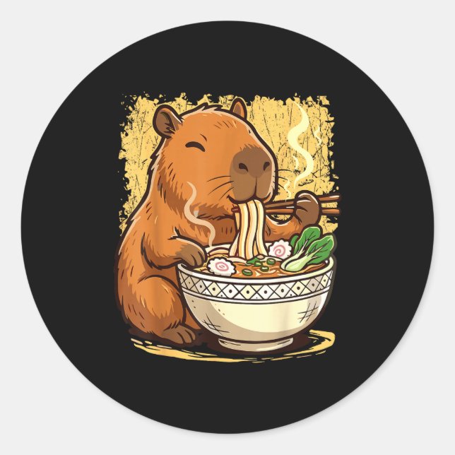 Pegatina Redonda Capybara Eating Ramen Noodles  (Anverso)