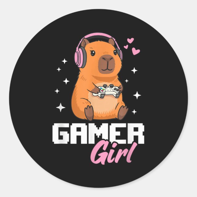Pegatina Redonda Capybara Gamer Girl Gaming  (Anverso)