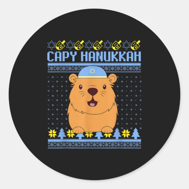 Pegatina Redonda Capybara Hanukkah Capy Hanukkah Chanukah Jewish Ki (Anverso)
