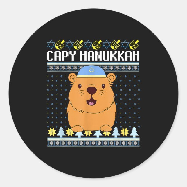 Pegatina Redonda Capybara Hanukkah Capy Hanukkah Chanukah Jewish Ki (Anverso)
