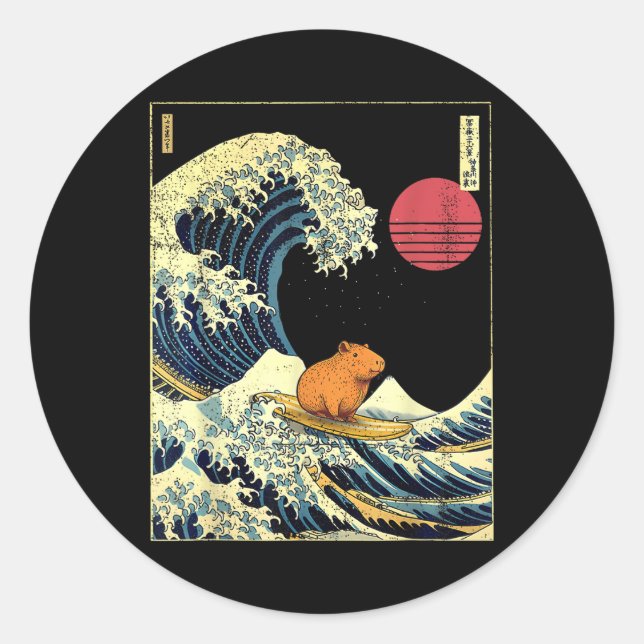 Pegatina Redonda Capybara Japanese Kanagawa Wave Funny Surf Animal  (Anverso)