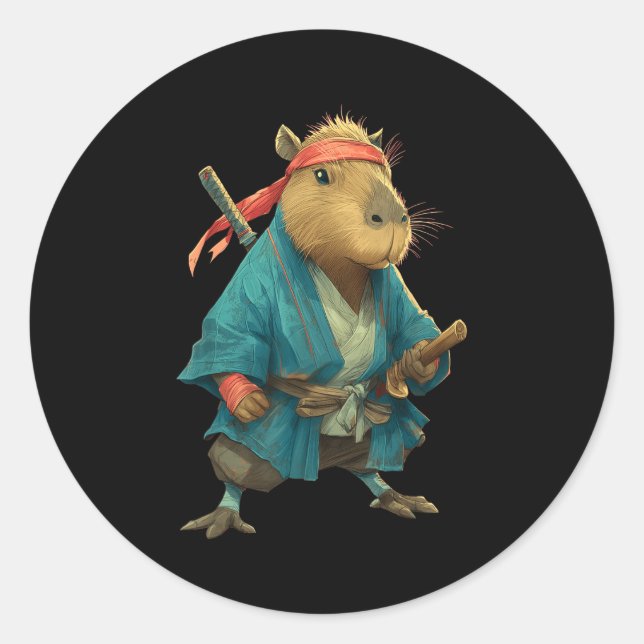 Pegatina Redonda Capybara Ninja Samurai Japan Funny Japanese Graphi (Anverso)