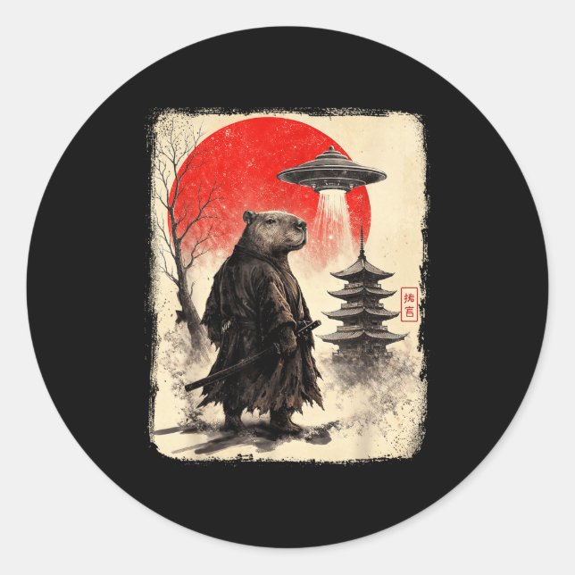 Pegatina Redonda Capybara Samurai Retro Ufo Japanese Warrior Tenshu (Anverso)