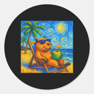 Pegatina Redonda Capybara Van Gogh Arte Divertido Playa Verano Fami