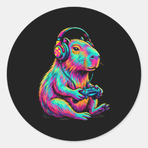 Pegatina Redonda Capybara Videojuegos Jugador Divertido Gráfico de 