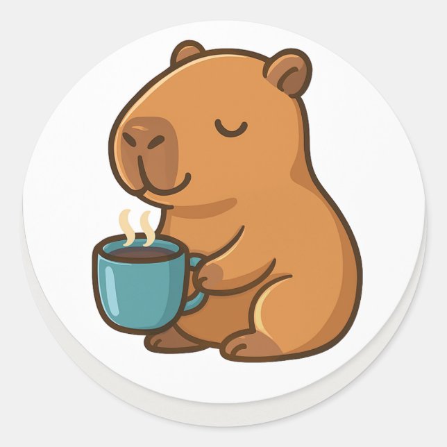 Pegatina Redonda Capybara With Coffee – Cute Animal Sticker (Anverso)