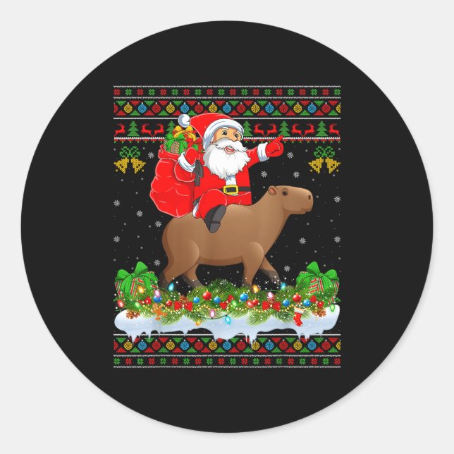 Pegatina Redonda Capybara Xmas Pajamas Ugly Santa Riding Capybara C (Anverso)