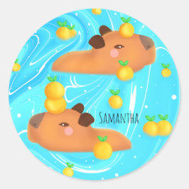 Pegatina Redonda Capybaras En Agua Con Naranjas