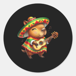 Pegatina Redonda Capybyra Sombrero Guitar Cinco De Mayo Niño Mexica