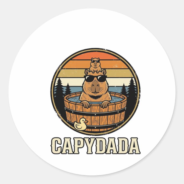 Pegatina Redonda Capydada Capybara Papá Diseño Retro Vector Bañera  (Anverso)