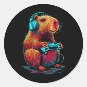 Pegatina Redonda Capyra de juegos retro divertido roedor animado ju