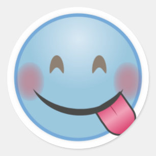 Pegatina Redonda Cara azul de la emoji con la lengua que pega hacia