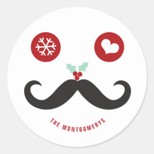 Pegatina Redonda Cara de bigote divertida de Navidad con muérdago