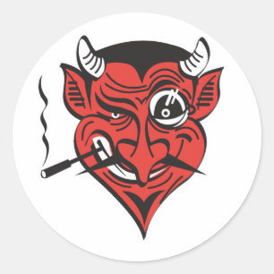 Pegatina Redonda cara de diablo fumando retro