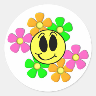 Pegatina Redonda Cara de sonrisa retro KRW y flores de neón