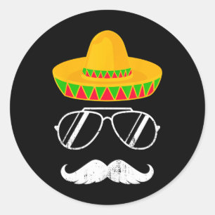 Pegatina Redonda Cara divertida de bigote de Sombrero mexicano para