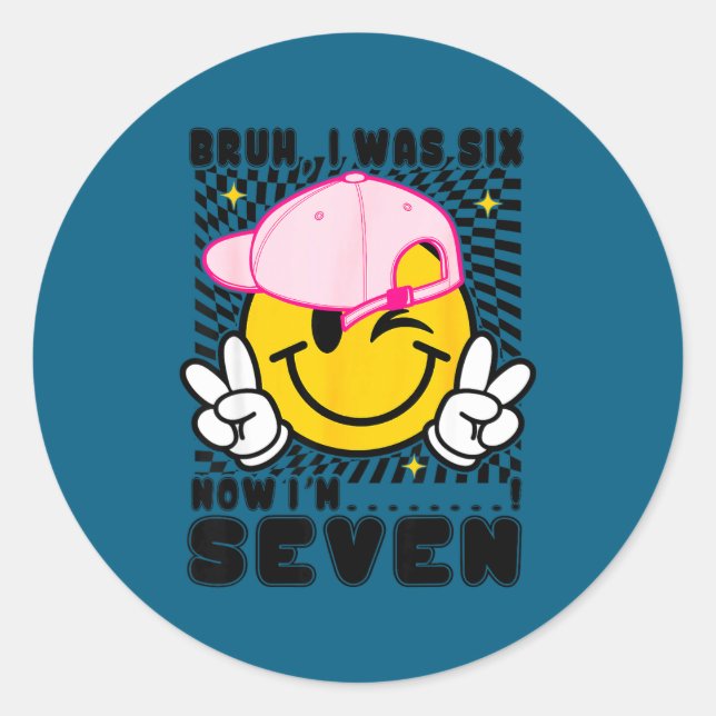 Pegatina Redonda Cara sonriente cumpleaños 7 fui 6 7 a cuadros bruh (Anverso)