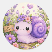 Caracol Morado Adorable Sticker Floral Kawaii