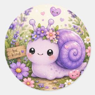 Pegatina Redonda Caracol Morado Adorable Sticker Floral Kawaii