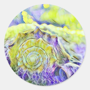 Pegatina Redonda Caracola amarilla púrpura en acuarela de agua de m