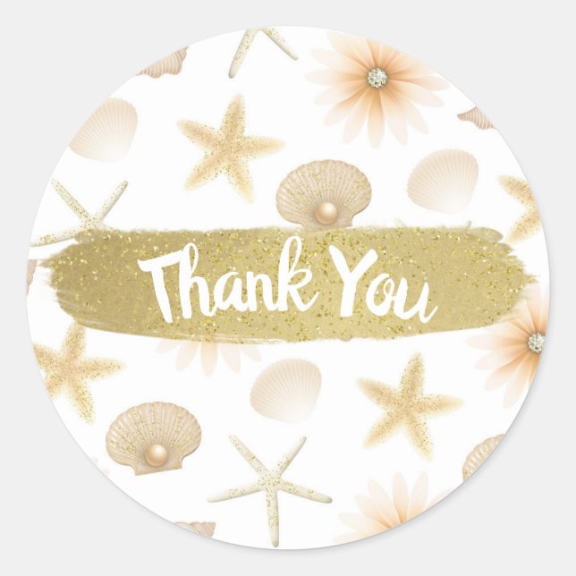 Pegatina Redonda Caracoles de Playa de Melocotón y Flores Bodas Mod (Anverso)