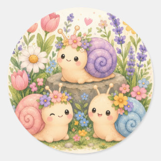 Pegatina Redonda Caracoles kawaii lindos con flores
