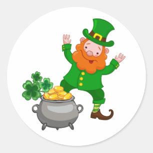 Pegatina Redonda Carácter alegre leprechaun con olla
