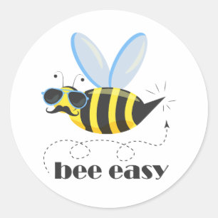 Pegatina Redonda Carácter de abeja con gafas de sol bigote Bee Fáci