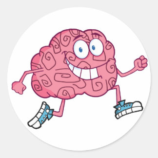 Pegatina Redonda Carácter de caricatura del cerebro en ejecución