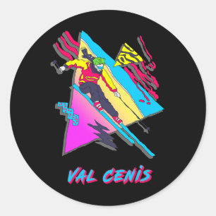 Pegatina Redonda Carácter De Esquí Retro De Val Cenis Con Resumen
