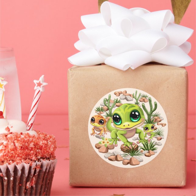 Pegatina Redonda Caracteres de dibujos animados de Baby Geckos Cute (Fiesta)