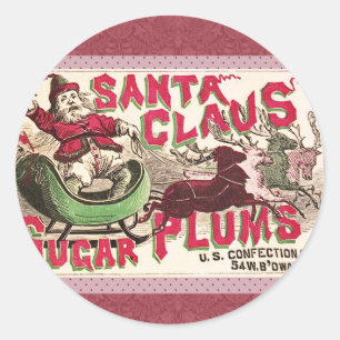 Pegatina Redonda Caramelo Antiguo Anuncio de Azúcar Ciruelas Claus