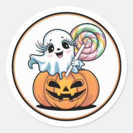 Pegatina Redonda Caramelo de Halloween Fantasma en Calabaza