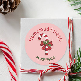 Pegatina Redonda Caramelo De Navidad Con Un Lazo Sobre Rosa - Dulce