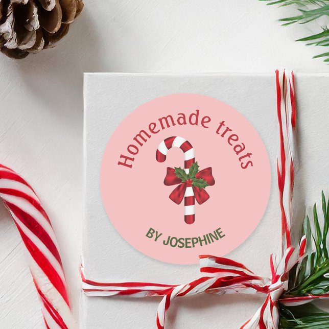 Pegatina Redonda Caramelo De Navidad Con Un Lazo Sobre Rosa - Dulce (Subido por el creador)