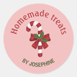 Pegatina Redonda Caramelo De Navidad Con Un Lazo Sobre Rosa - Dulce
