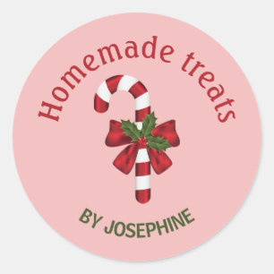 Pegatina Redonda Caramelo De Navidad Con Un Lazo Sobre Rosa - Dulce