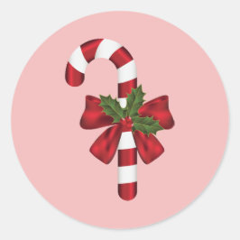 Pegatina Redonda Caramelo de Navidad con un lazo y acebo de Navidad