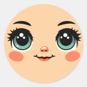 Pegatina Redonda caras de niñas de dibujos animados lindas con ojos