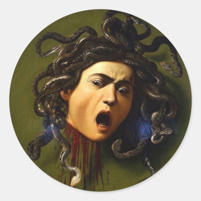 Pegatina Redonda Caravaggio Medusa (1597) (Anverso)