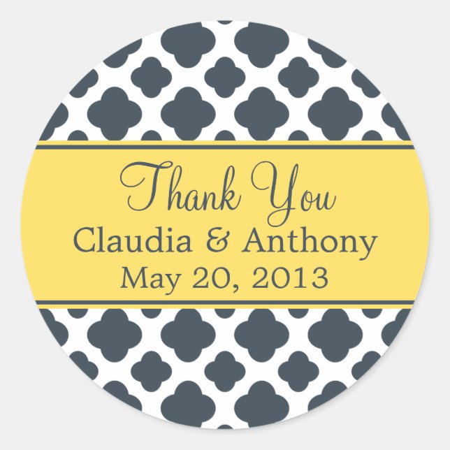 Pegatina Redonda Carbón monogramo con patrón de cuatrefola amarilla (Anverso)