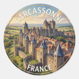 Pegatina Redonda Carcassonne Francia Fortaleza Medieval viaje punto