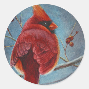 Pegatina Redonda Cardenal Norte Red Bird Berries Watercolor Art