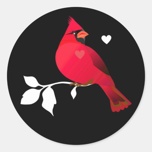 Pegatina Redonda Cardenal Red Bird Hearts Black White Modern Label (Anverso)