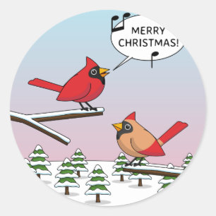 Pegatina Redonda Cardenal rojo curado canta Feliz Navidad