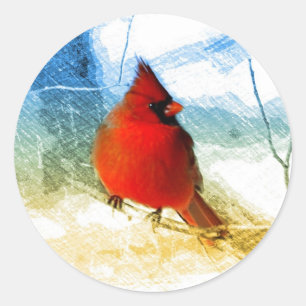 Pegatina Redonda Cardenal rojo del navidad primitivo del país