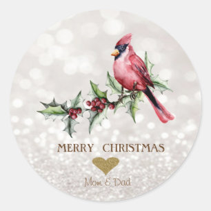 Pegatina Redonda Cardenal rojo Holly Berry Bokeh