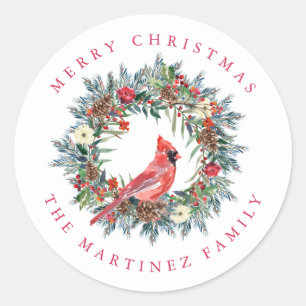 Pegatina Redonda Cardenal rojo Pine Wreath Feliz Navidad
