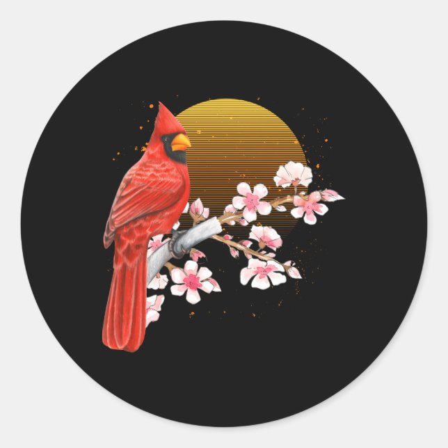 Pegatina Redonda Cardenal rojo sakura Birdwatching Cherry Blossom B (Anverso)