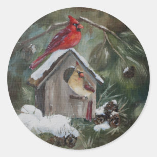 Pegatina Redonda Cardenales en el Birdhouse Nevado